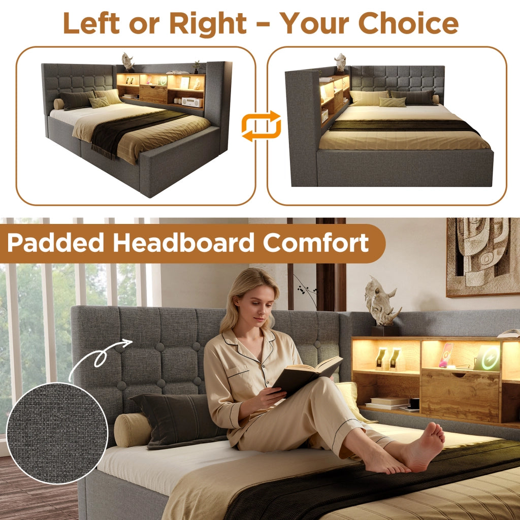 Letto con contenitore idraulico e LED; per materasso 140 × 190 cm; lino grigio