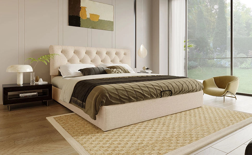 Letto matrimoniale idraulico 160x200 cm con testiera regolabile, struttura in metallo e legno, contenitore integrato, colore naturale, con materasso a molle