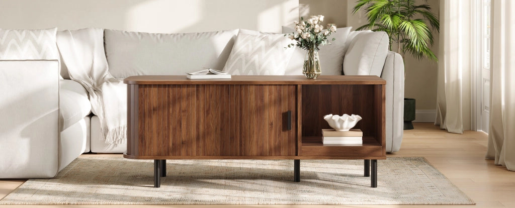 TAVOLINO DA CAFFÈ 110x40x55 cm Noce con anta scorrevole e vano aperto