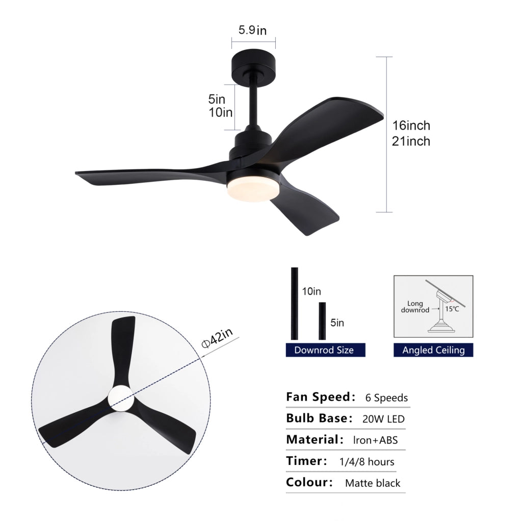 Ventilatore da soffitto 42 pollici con luce LED 20 W e telecomando nero HAVRYA
