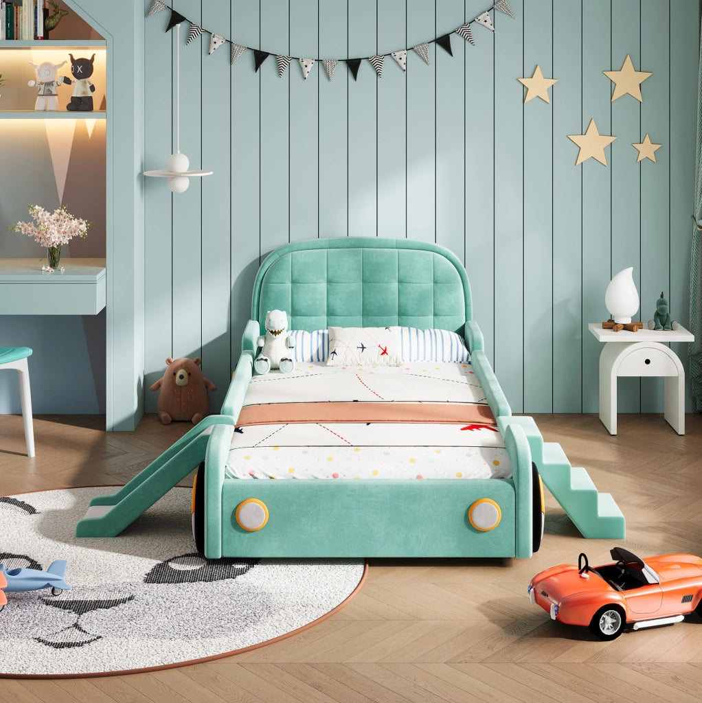 Letto a forma di auto ULEVR 90x200 cm con scivolo e scala reversibili, imbottito blu-verde