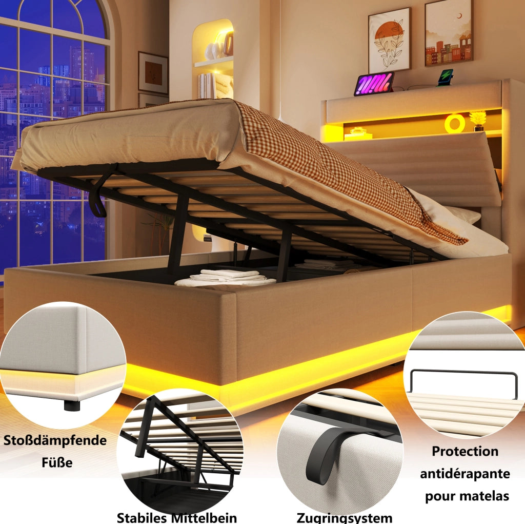 Letto imbottito con contenitore 90x200 cm; LED; USB e Type-C; lino beige