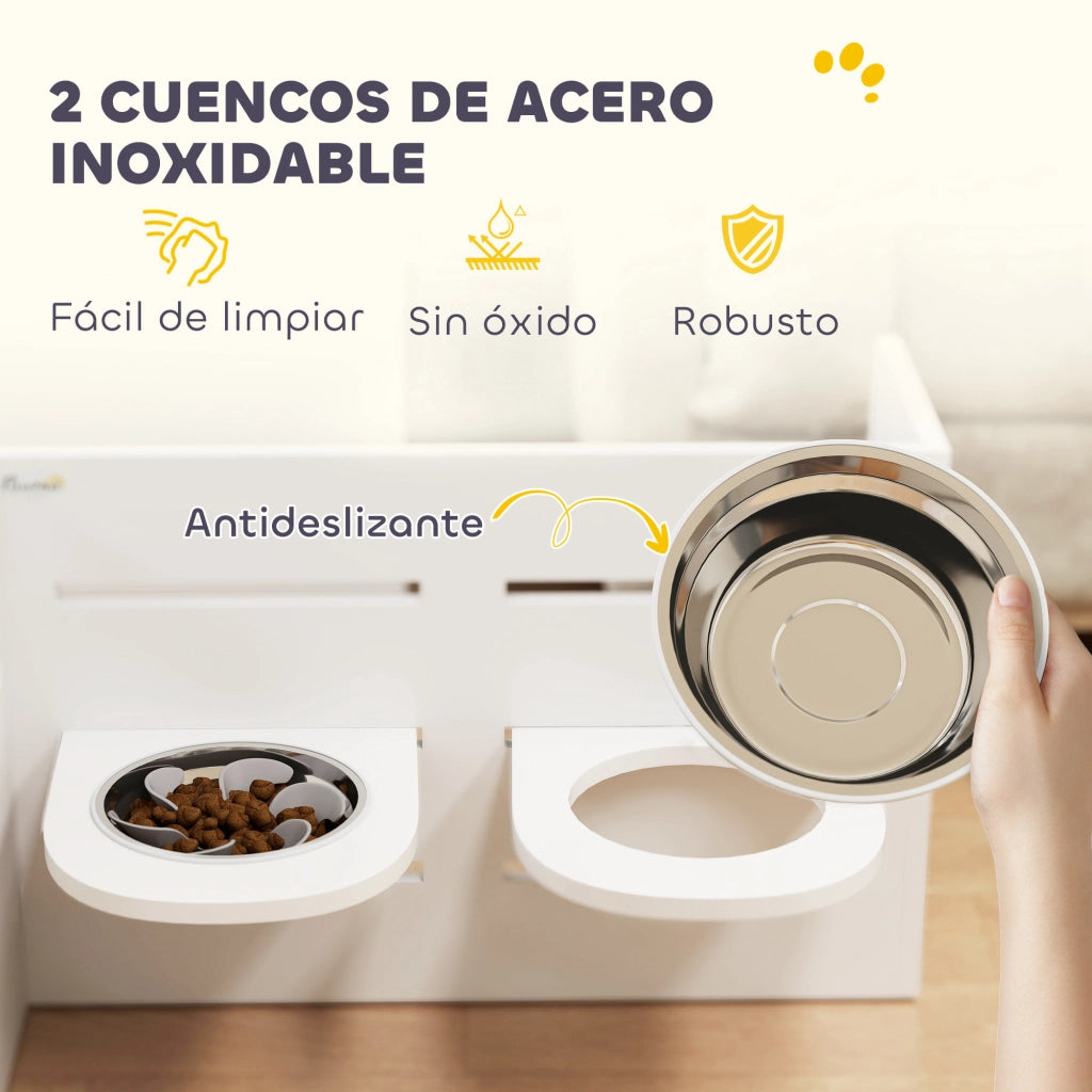 Ciotola Rialzata Doppia per Cani ¨C Xylo ¨C Altezza Regolabile con Sistema Alimentazione Lenta 63x58,5x40 cm Bianco