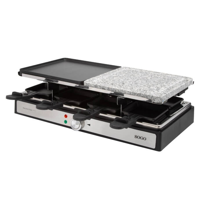 Raclette elettrica con grill e pietra, piastra 42x21 cm 8 persone, termostato regolabile 1400W per carne e formaggio - Sogo
