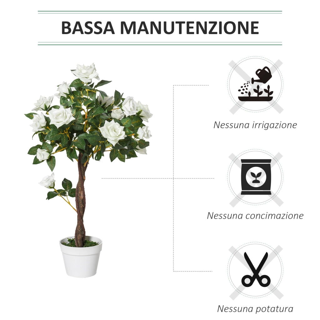 Pianta Finta di Rosa da 21 Fiori con Vaso Riempito in Cemento e Muschio, Pianta Artificiale Anti-UV in Plastica e Tessuto, ?18x90 cm, Bianco e Verde