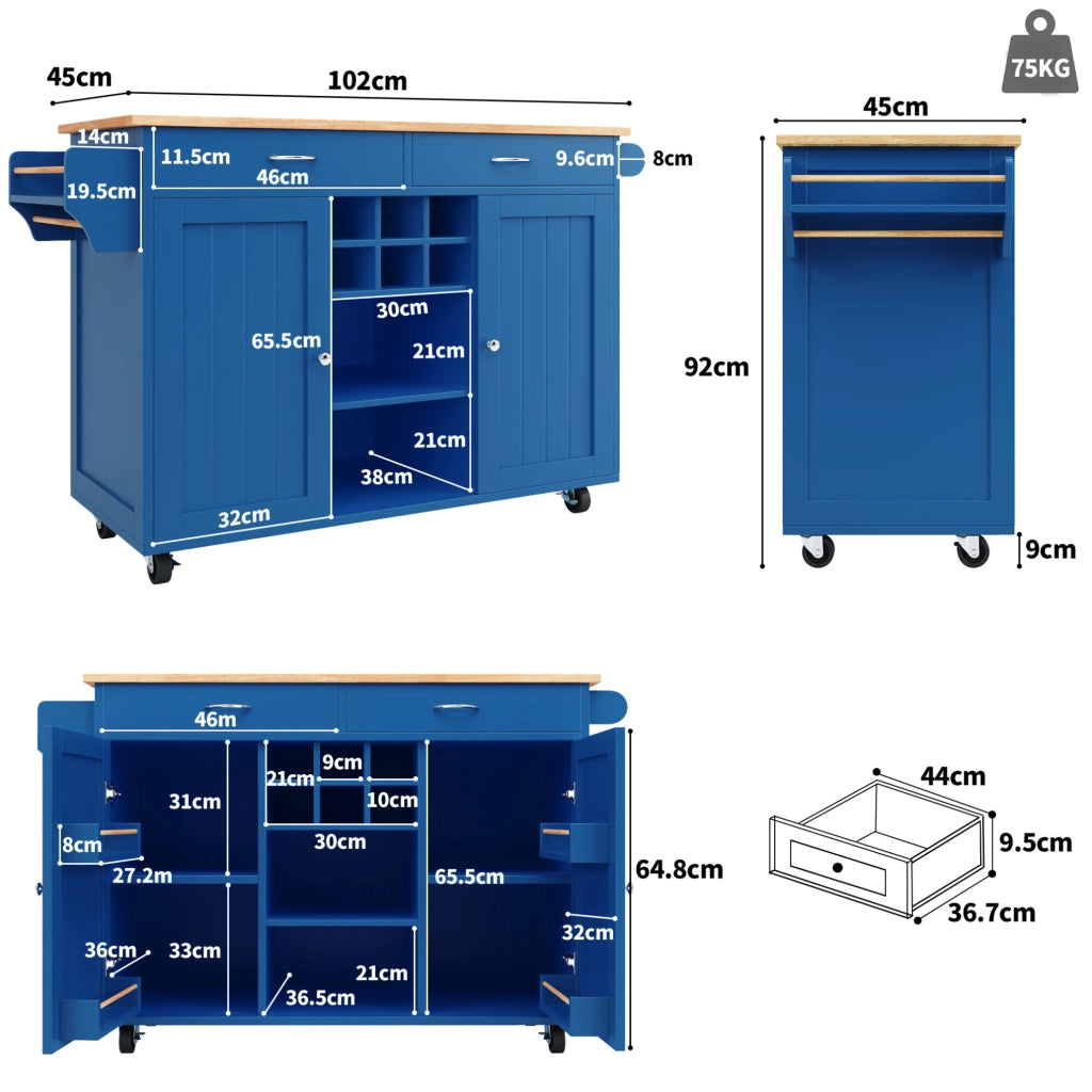 CARRELLO DA CUCINA 102x45x92 cm Blu in MDF e metallo