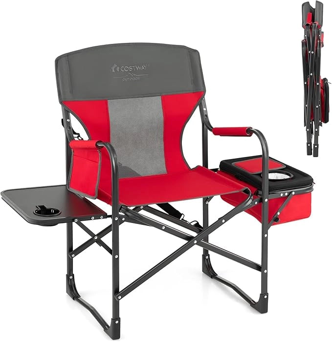 Sedia da Campeggio Pieghevole, Sedia da Regista Robusta con Tavolino, Borsa Frigo, Borsa Portaoggetti e Cinghia, Portata 180 kg, per Campeggio Escursione Pesca Picnic (Rosso)
