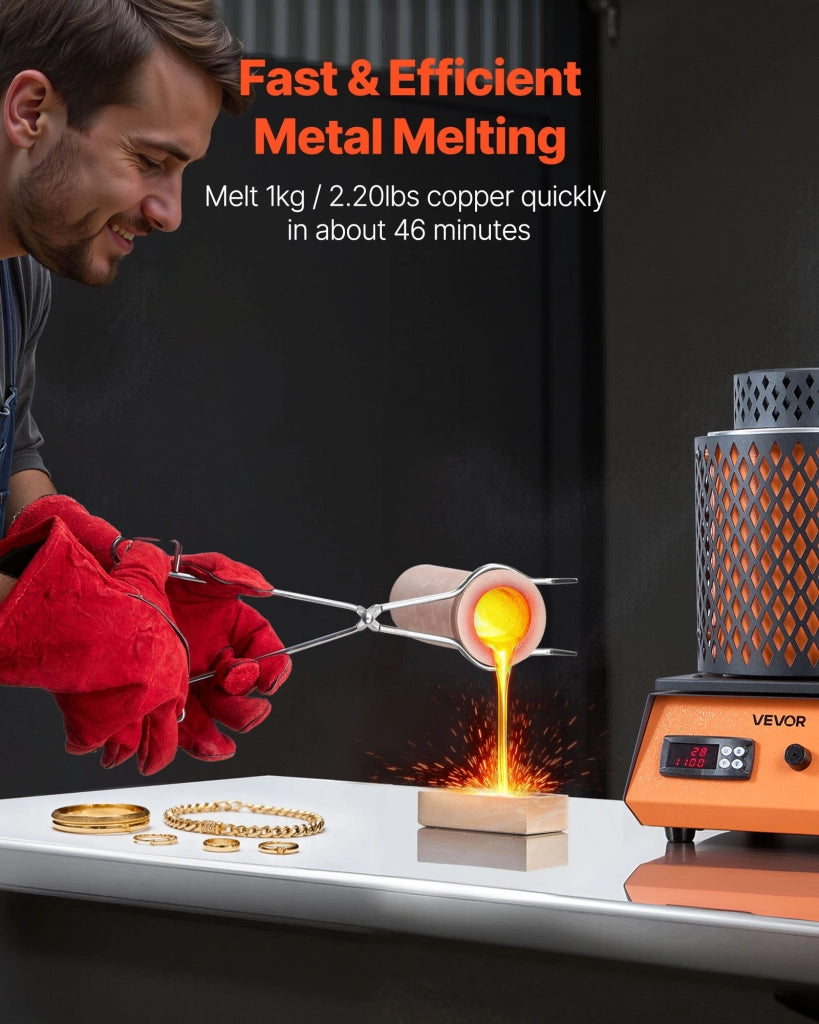 Forno Elettrico per Fusione Metalli 1350W 1150℃ KD-1101 con Crogiolo 3 kg per Creazione Gioielli Macchina Compatta Fai da Te