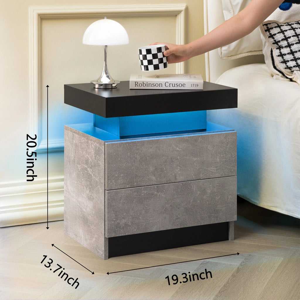 Comodino ULEVR grigio con luci LED multicolore regolabili, 2 cassetti e vano aperto, mobiletto laterale per camera da letto
