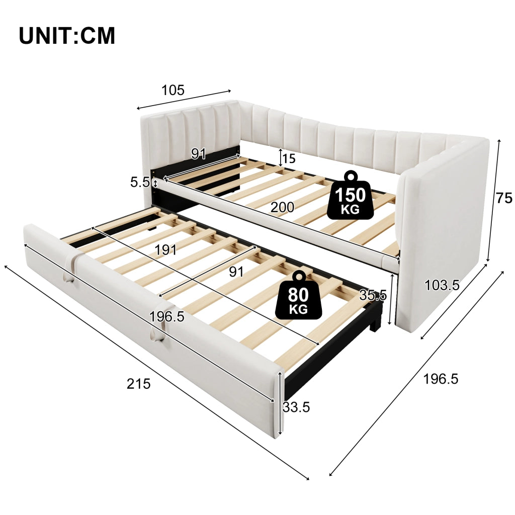 Letto estraibile imbottito in velluto e MDF bianco con letto supplementare regolabile