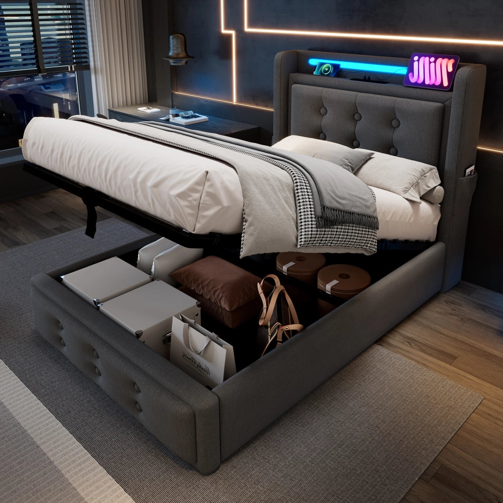 Letto singolo imbottito 90x200 cm con testiera LED e contenitore