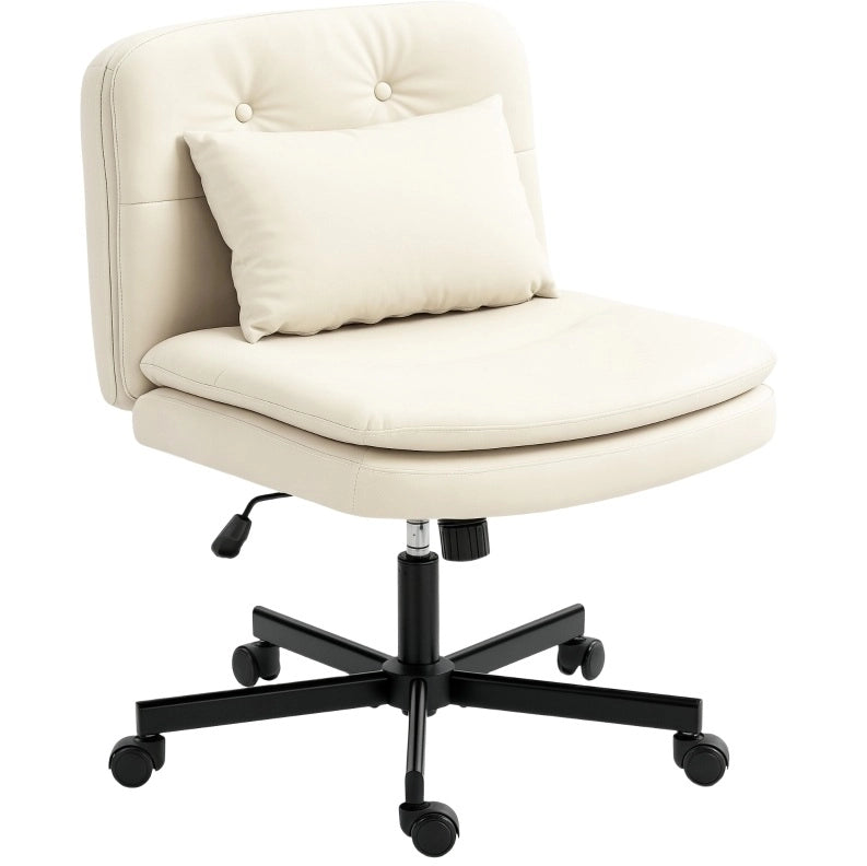 Sedia da ufficio armless con rivestimento in ecopelle beige, regolabile in altezza e con ruote