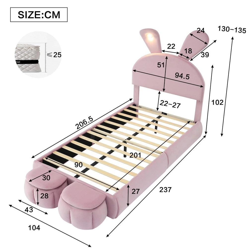 Letto Singolo Imbottito con Contenitore e LED ¨C MINIMAL ¨C Velluto Rosa 90x200