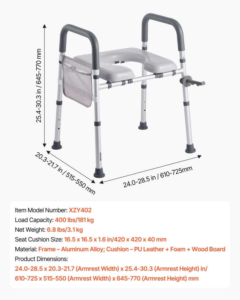Sedile WC Rialzato Regolabile con Braccioli XZY402 in Alluminio Portata 181 kg Robusto Universale per Bagno Casa