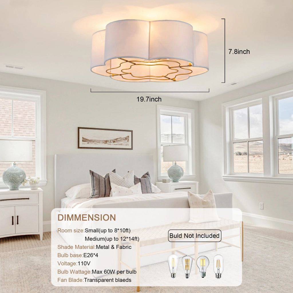 Ventilatore da soffitto con luce; controllo Bluetooth e telecomando; tessuto e plastica oro e bianco