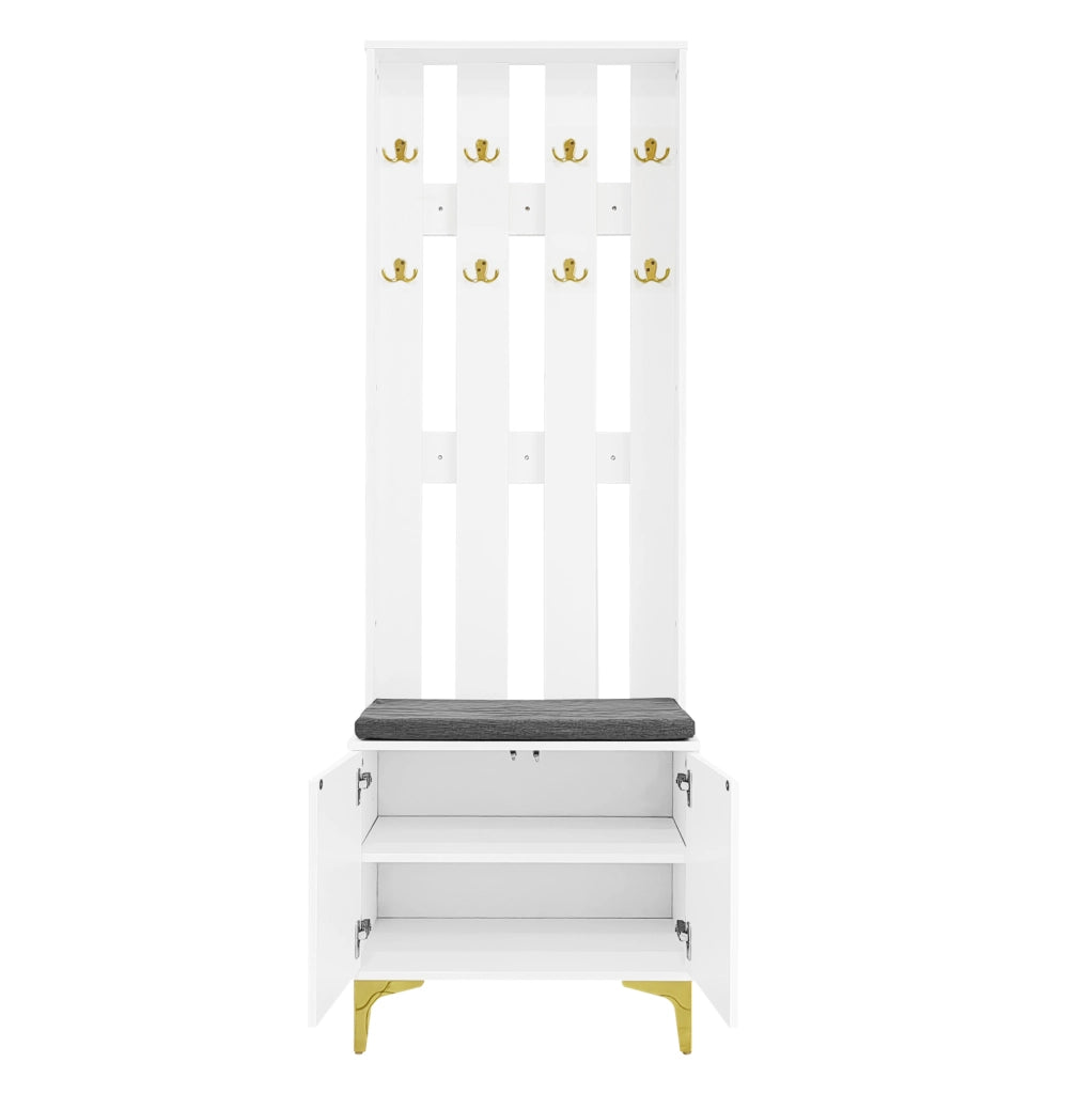 Set guardaroba con panca porta scarpe, cuscini grigi e appendiabiti dorati, struttura in truciolato bianco 60,5x180,5x35,2 cm