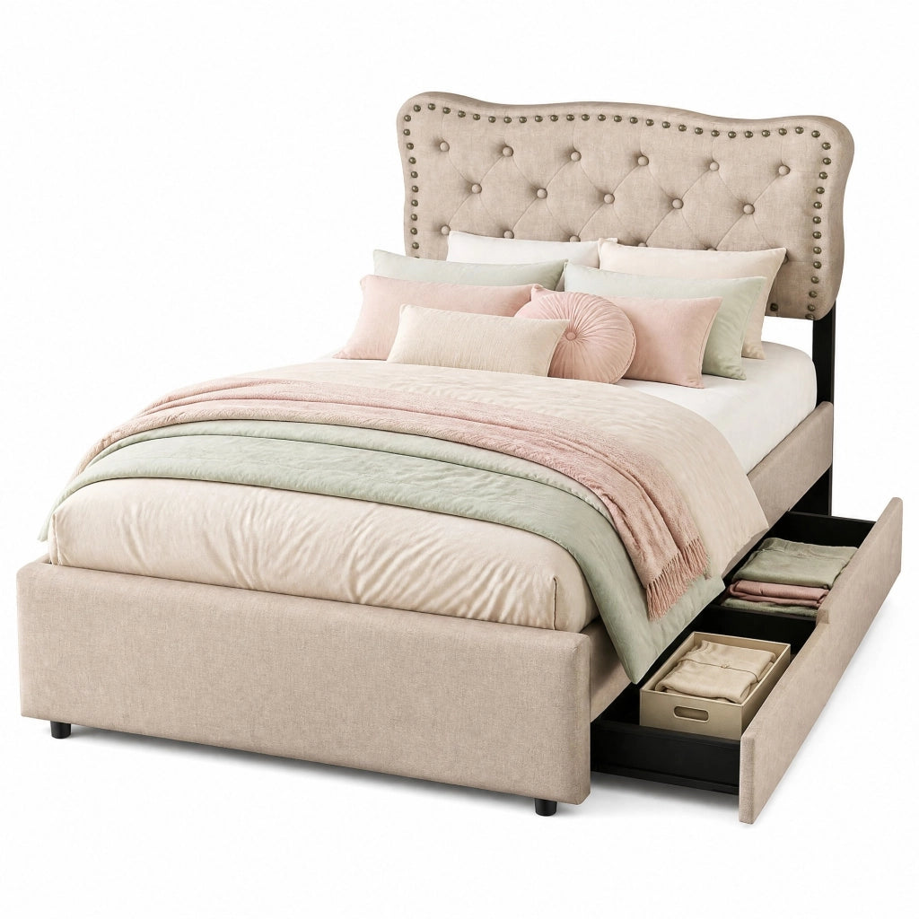 Letto singolo imbottito 90x200 cm in lino e MDF; beige scuro con 2 cassetti