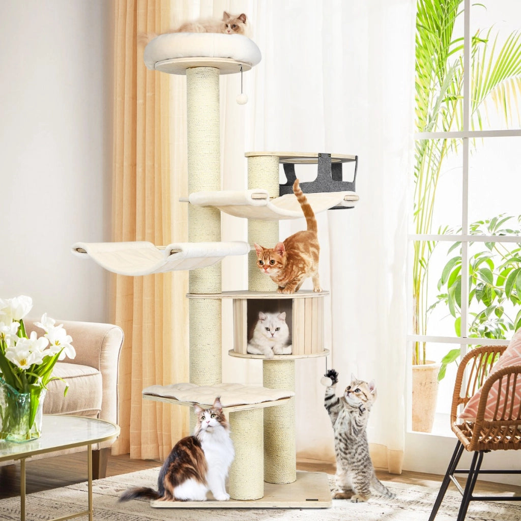 Albero gatti 197cm legno amache e toilette gatti cartone graffi, Albero per gatti e toilette nascosta gatti doppie porte