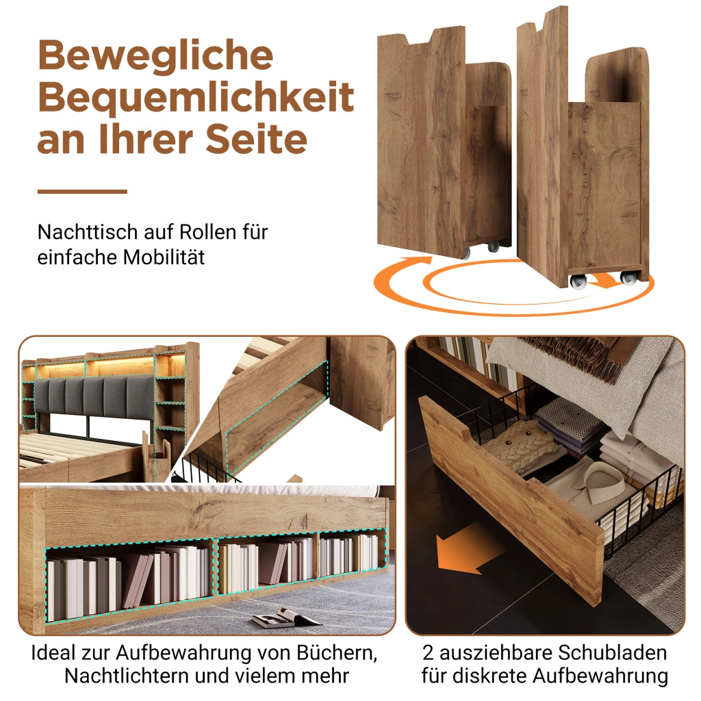 Letto matrimoniale 160×200 cm con LED; USB e Type-C; cassetti e ripiani; senza materasso; rovere