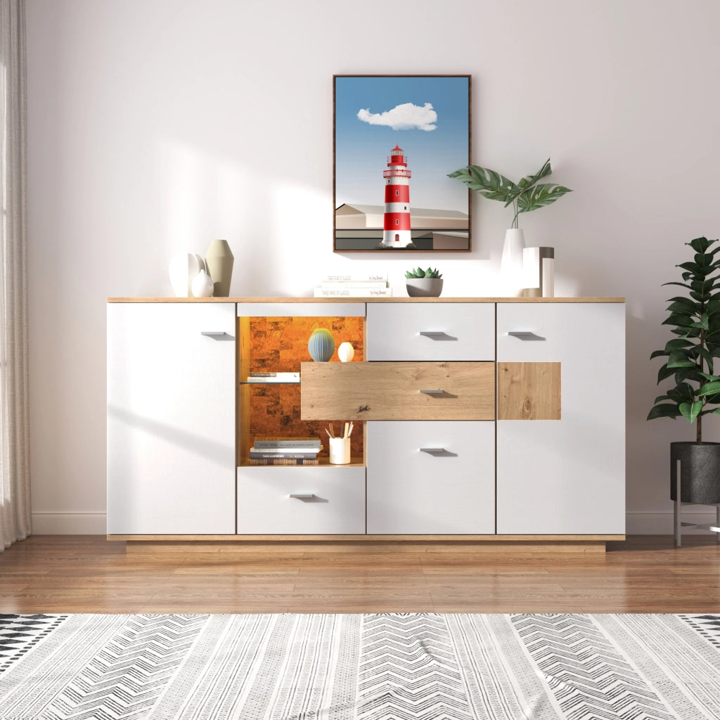 Madia con LED a 16 colori 2 ante 4 cassetti ripiani regolabili per soggiorno bianco effetto legno 160 × 40 × 77 cm
