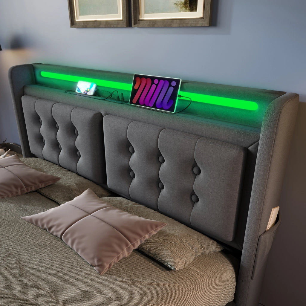 Letto contenitore 160 × 200 cm con LED; prese USB e USB-C; testiera in tessuto di cotone e lino grigio