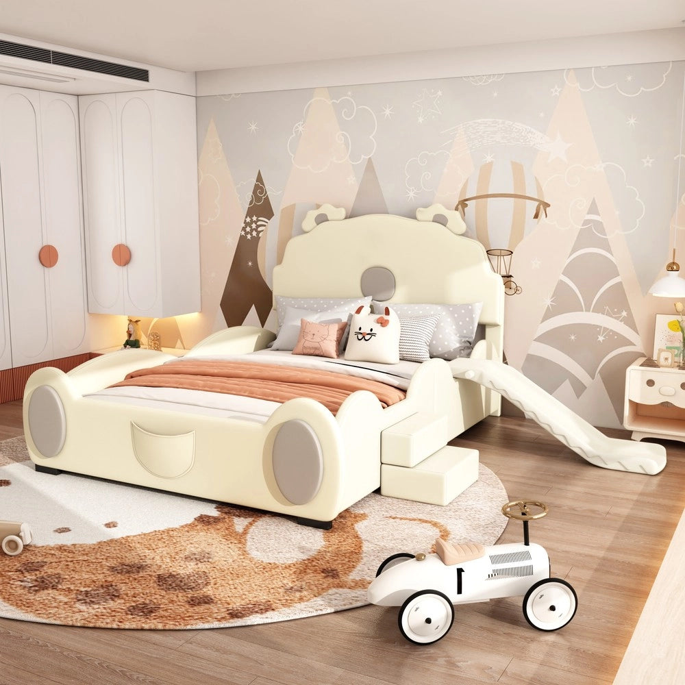 Letto per bambini con scivolo e scala ¨C Minimal ¨C Beige PU 140x200cm