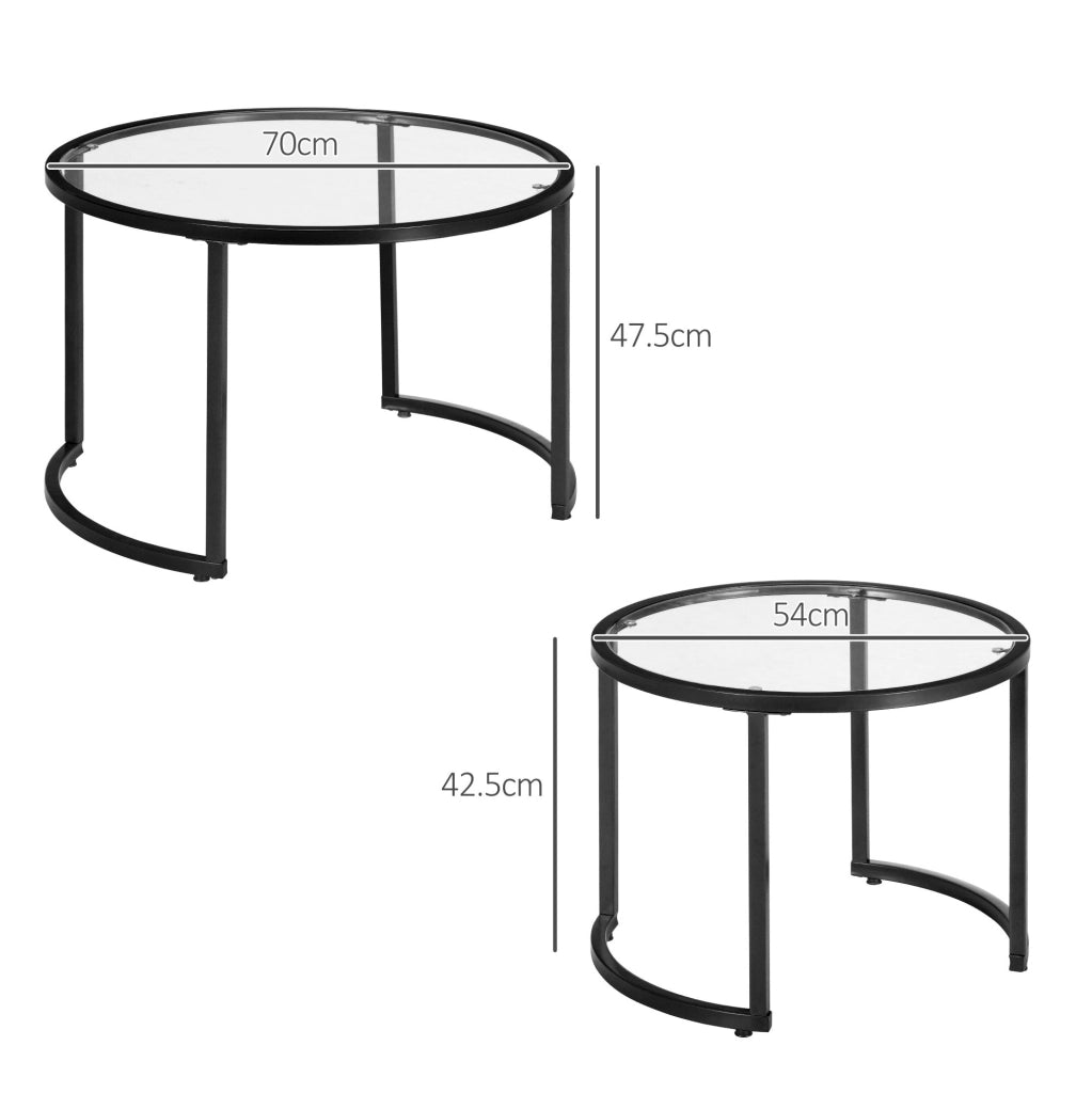 Set 2 tavolini ULEVR in vetro temperato e acciaio nero, ?70 e ?54 cm, parzialmente sovrapponibili