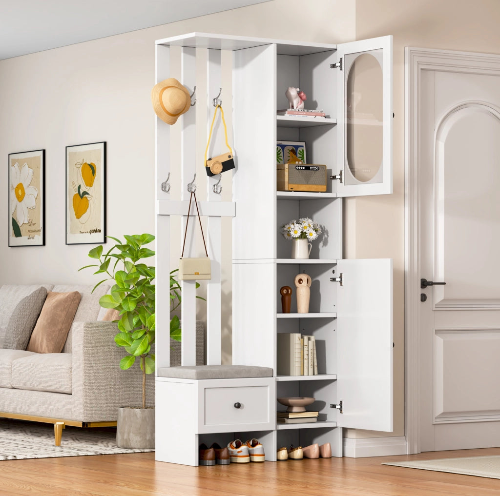 Armadio ingresso multifunzione 85 x 33;5 x 200 cm in truciolare bianco con ante in vetro temperato