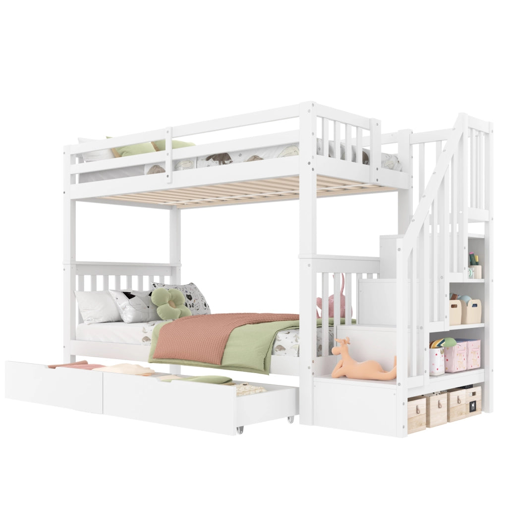 Letto a castello 90x200 cm con scala e 2 cassetti; legno di pino e MDF; bianco