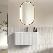 Set mobile bagno bianco: lavabo 80 cm con sottolavabo preassemblato e 1 cassetto, specchio ovale 50x80 cm con cornice nera e strass