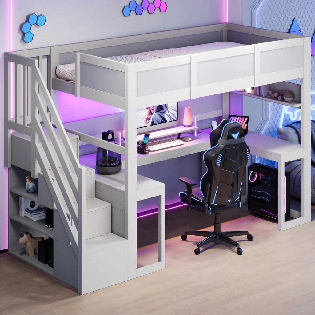 Letto a soppalco gaming 90x200 cm con scrivania integrata e scala contenitore, bianco