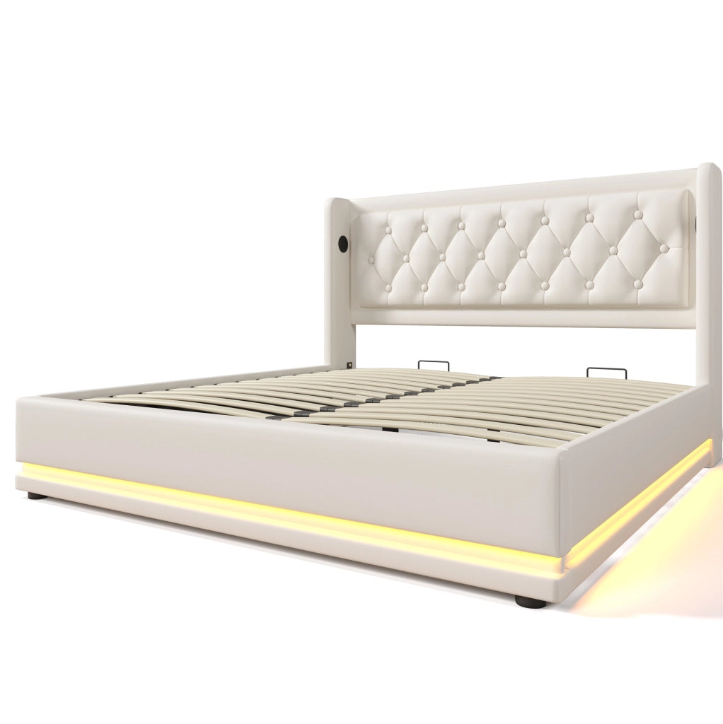 Letto contenitore matrimoniale 160x200 cm; testiera con USB Type-C e LED; PU bianco (Senza materasso)