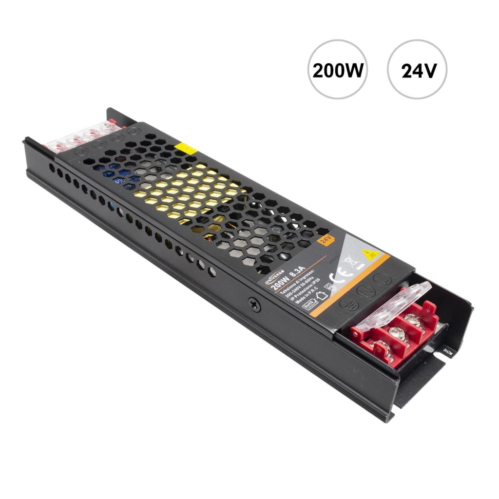 Alimentatore 200W trasformatore stabilizzato slim 24V 8.3A strisce luci LED 230V telecamere