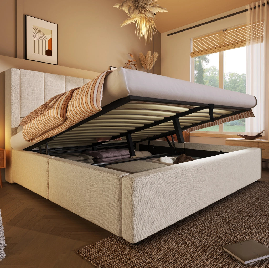 Letto matrimoniale imbottito 180 × 200 cm con contenitore idraulico; portabicchieri; USB e USB-C; beige