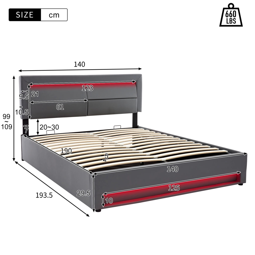 Letto imbottito grigio 140 x 190 cm con USB, LED e contenitore