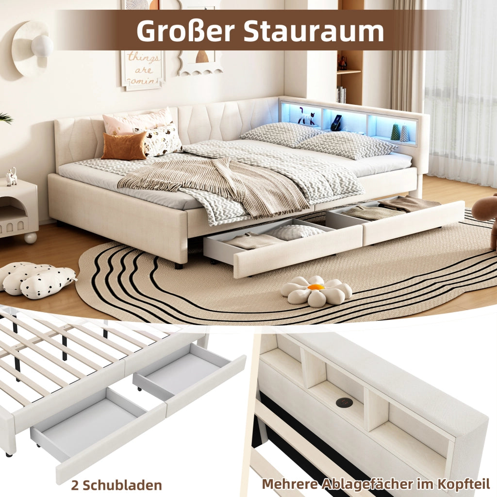 Letto con cassetti 140 × 200 cm con LED USB e Type-C in lino e MDF beige