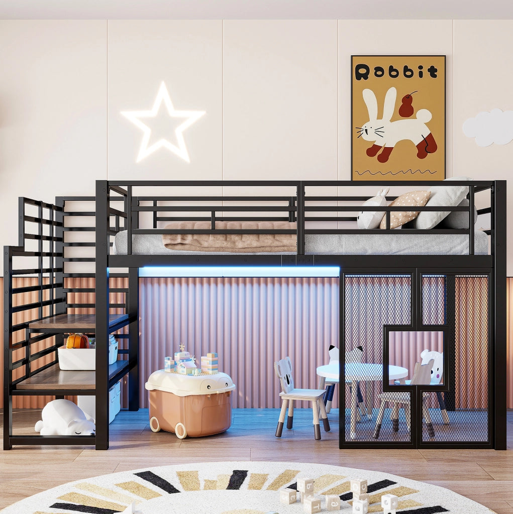 LETTO a soppalco in metallo 90x200 cm Nero con scala e luci LED