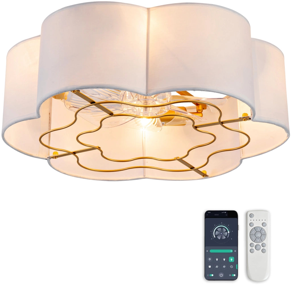 Ventilatore da soffitto con luce; controllo Bluetooth e telecomando; tessuto e plastica oro e bianco