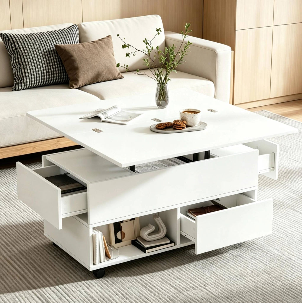 TAVOLINO Alzabile 100x50x52 cm Bianco con Ruote e 4 Cassetti