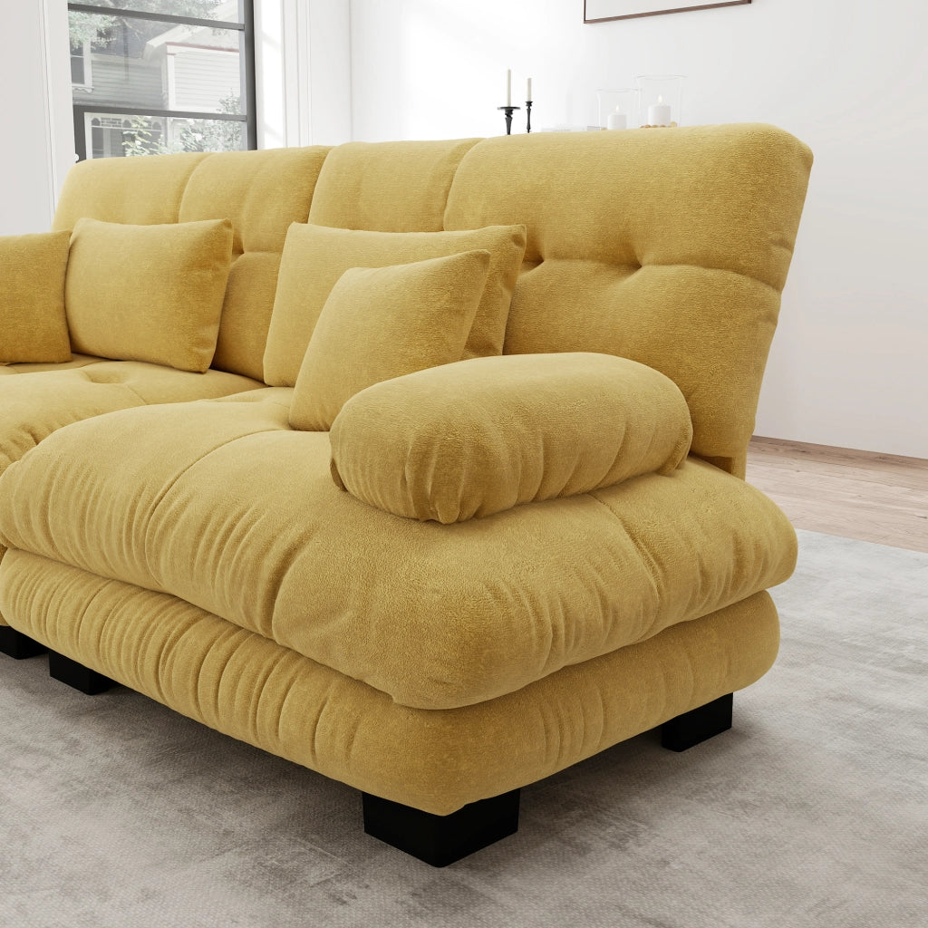 Divano Angolare 4 Posti in Tessuto Chenille con Poggiapiedi ¨C MINIMAL ¨C Giallo