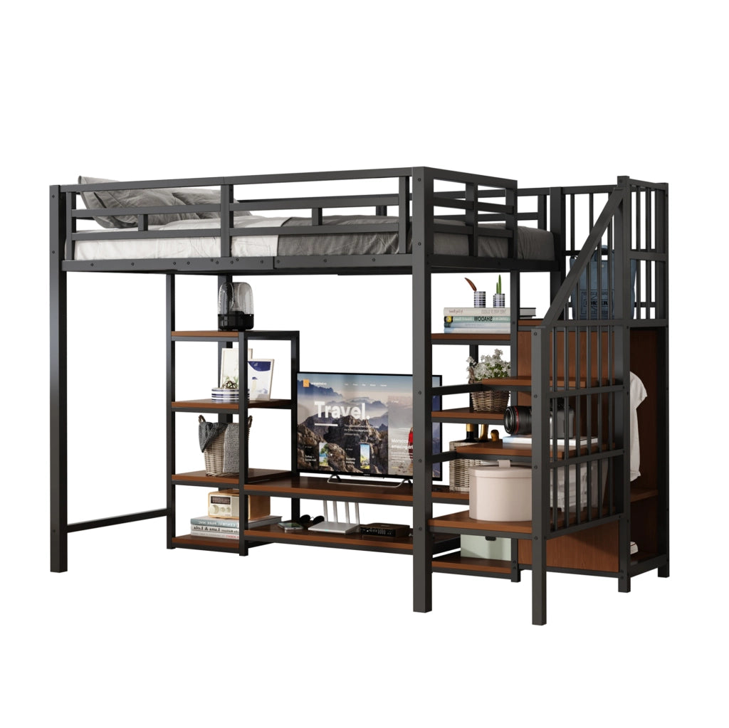 Letto a soppalco 90x200 cm nero con supporto TV e presa