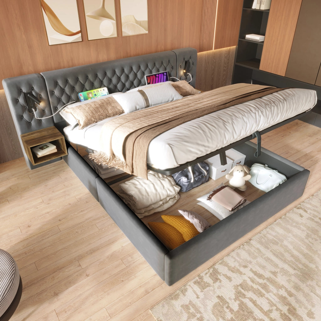 Letto matrimoniale contenitore grigio 160 × 200 cm con materasso