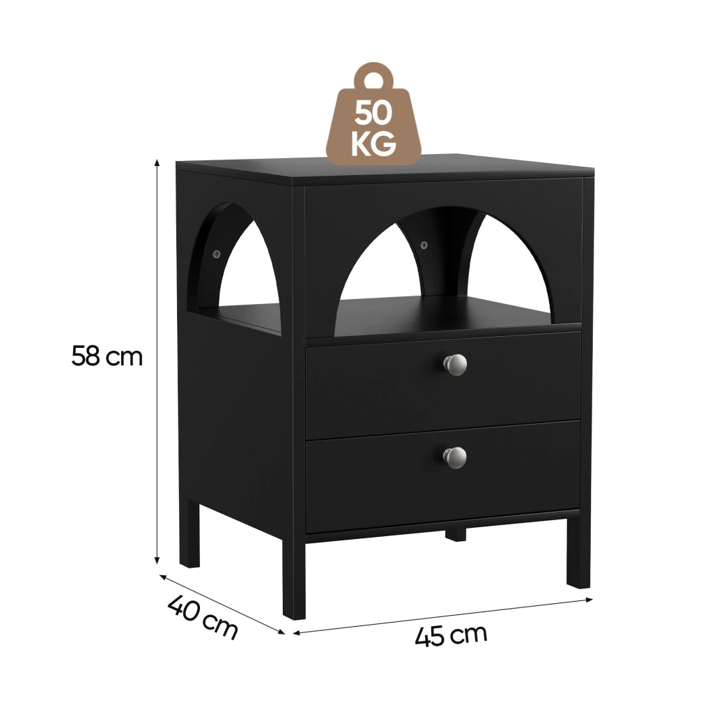 Comodino moderno in MDF nero con 2 cassetti e vano a giorno