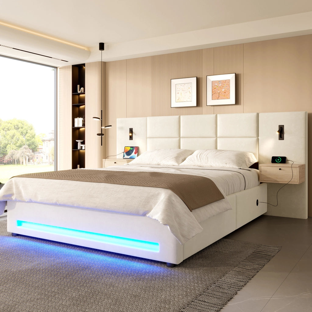 Letto matrimoniale imbottito 180x200 cm in velluto beige con contenitore, USB-C e LED