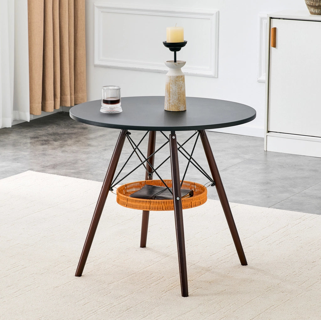 Tavolo da pranzo rotondo Ø80 cm nero e noce con cestino