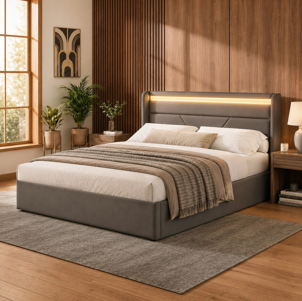 Letto contenitore imbottito 140x200 cm grigio in PU con LED e telecomando