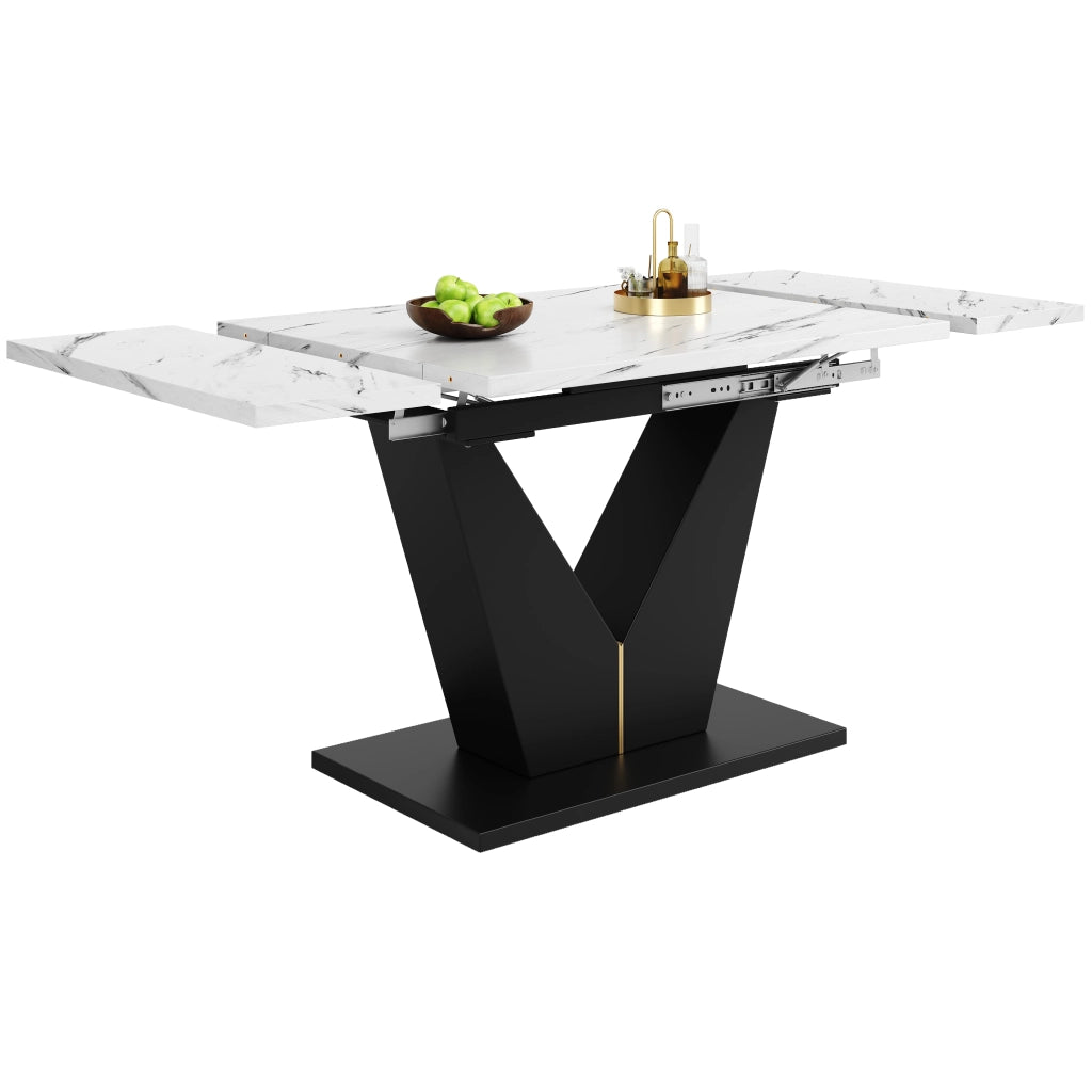 Tavolo da pranzo allungabile 99-159x75x75 cm, piano in MDF effetto marmo, bianco e nero, struttura in metallo