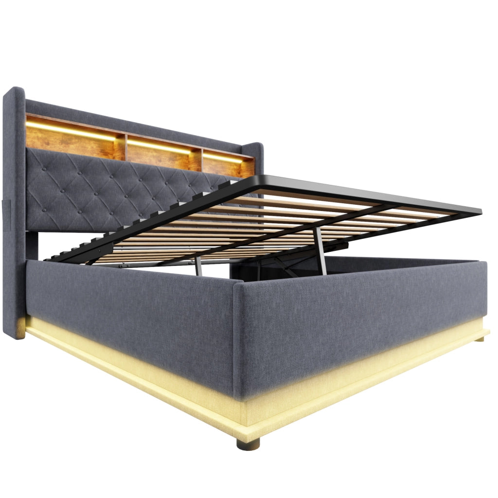 Letto imbottito 180x200 cm con LED multicolore, USB e contenitore grigio