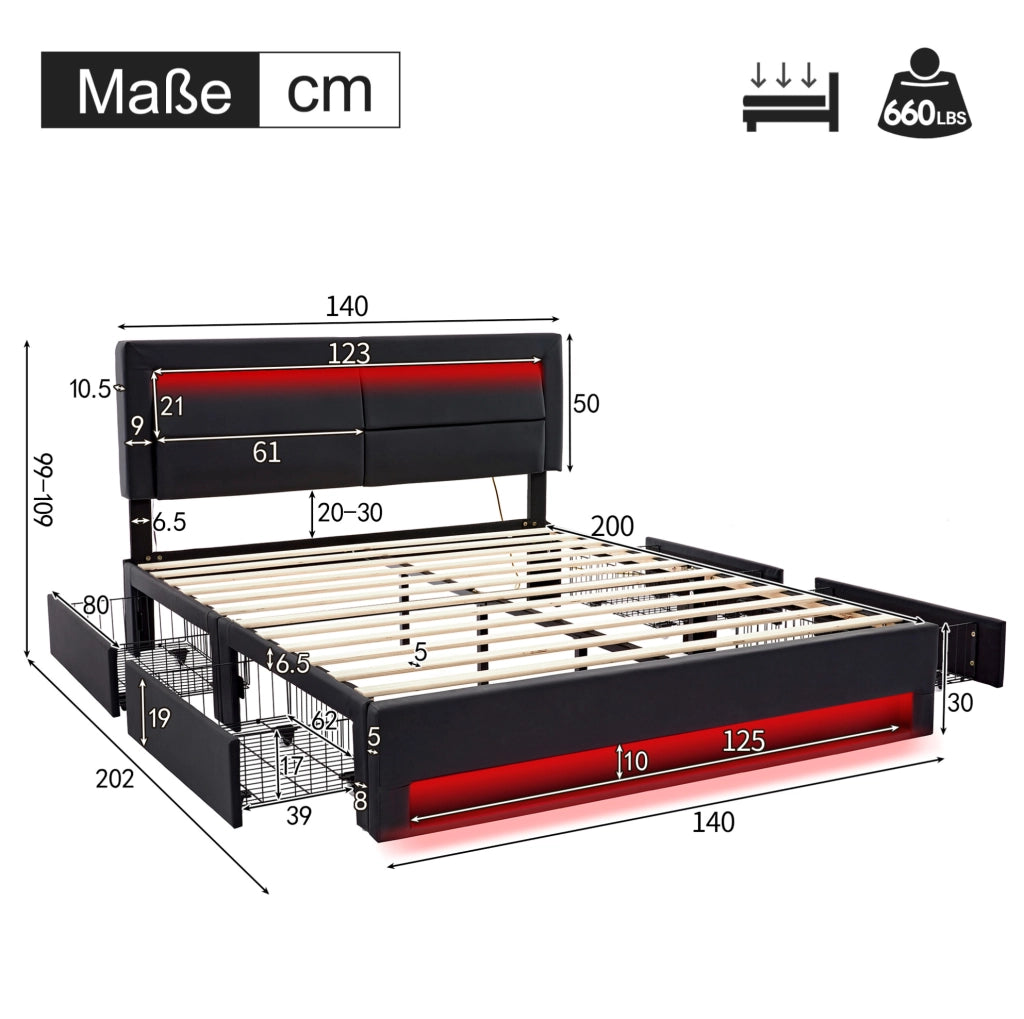 Letto imbottito 140x200 cm in PU nero con USB; LED e 4 cassetti