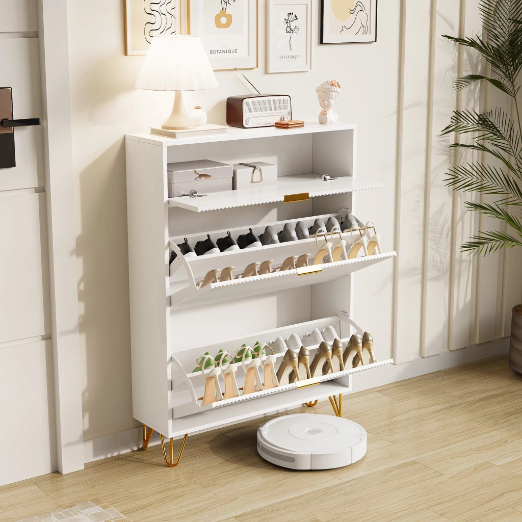 Scarpiera Salvaspazio Slim in Legno Ingegnerizzato;80x24x120cm;Scarpiera Ingresso da Portascarpe con 3 Ante a Ribalta;Porta Scarpe per 16 Paia;Bianco